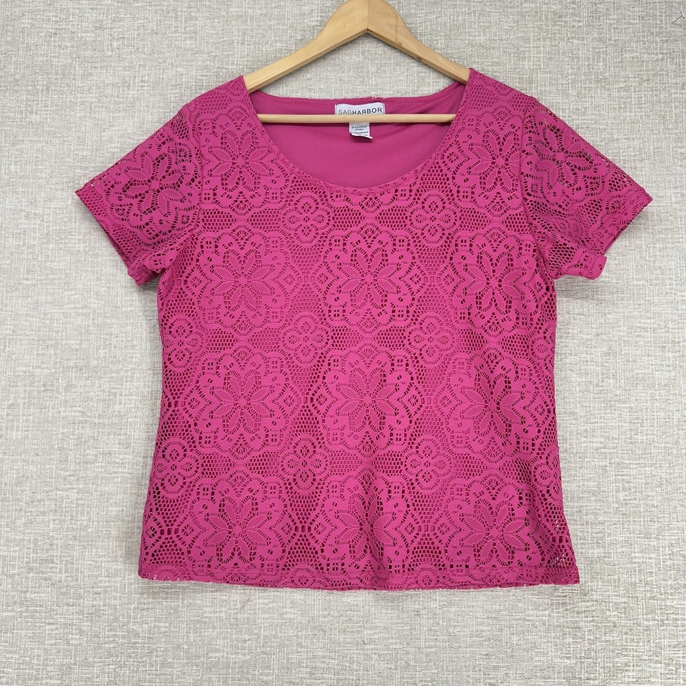 Sag Harbor Blouse Womens Medium Pink Floral Lace Crochet Short Sleeve Lined